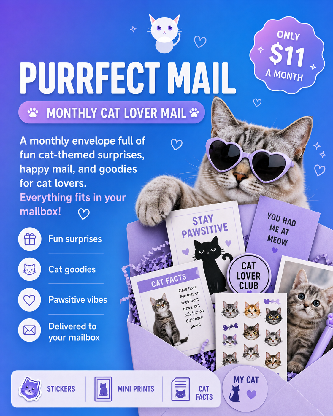 Purrfect Mail monthly cat lover subscription box with stickers, mini prints, cat facts, and goodies